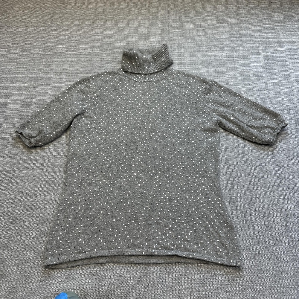 Pure Amici Sweater Womens Large Gray Cashmere Turtleneck Sequin Pullover Soft